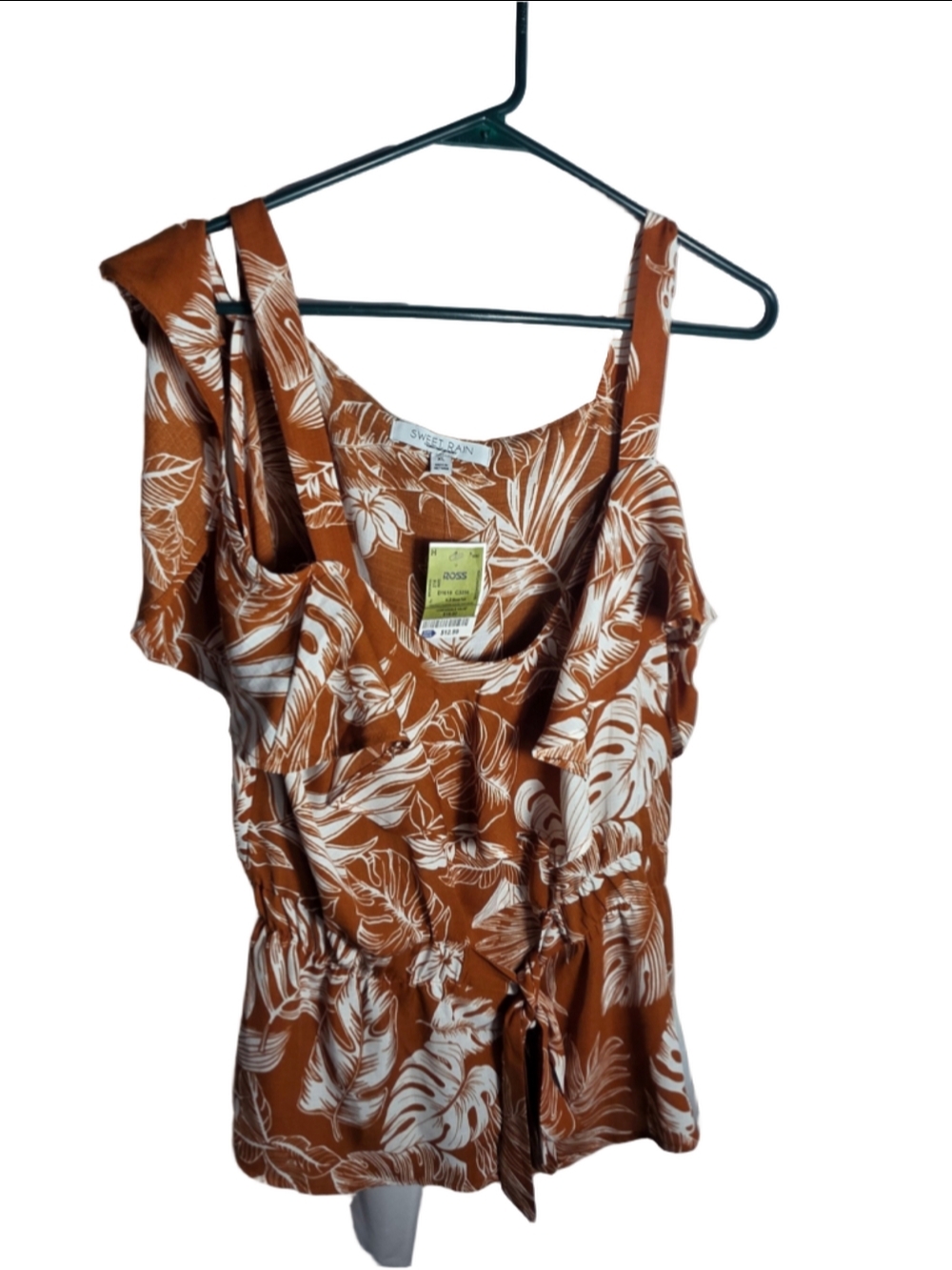 Women's Sweet Rain Rust & White Tropical Print Cold Shoulder Tank Top XL boho